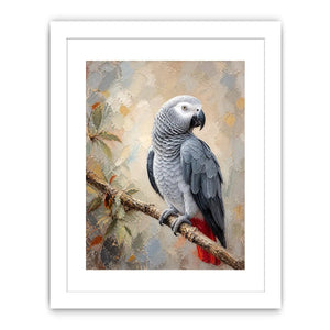 Elegant African Grey parrot wall art featuring detailed silver feathers, textured painterly brushstrokes, and warm botanical accents in a luxury contemporary style.