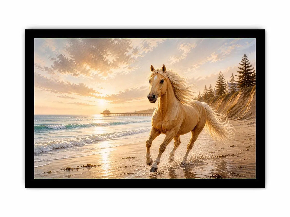 Majestic horse beach wall art featuring a golden horse running beside ocean waves at sunset with warm coastal tones and luxurious textured detail.