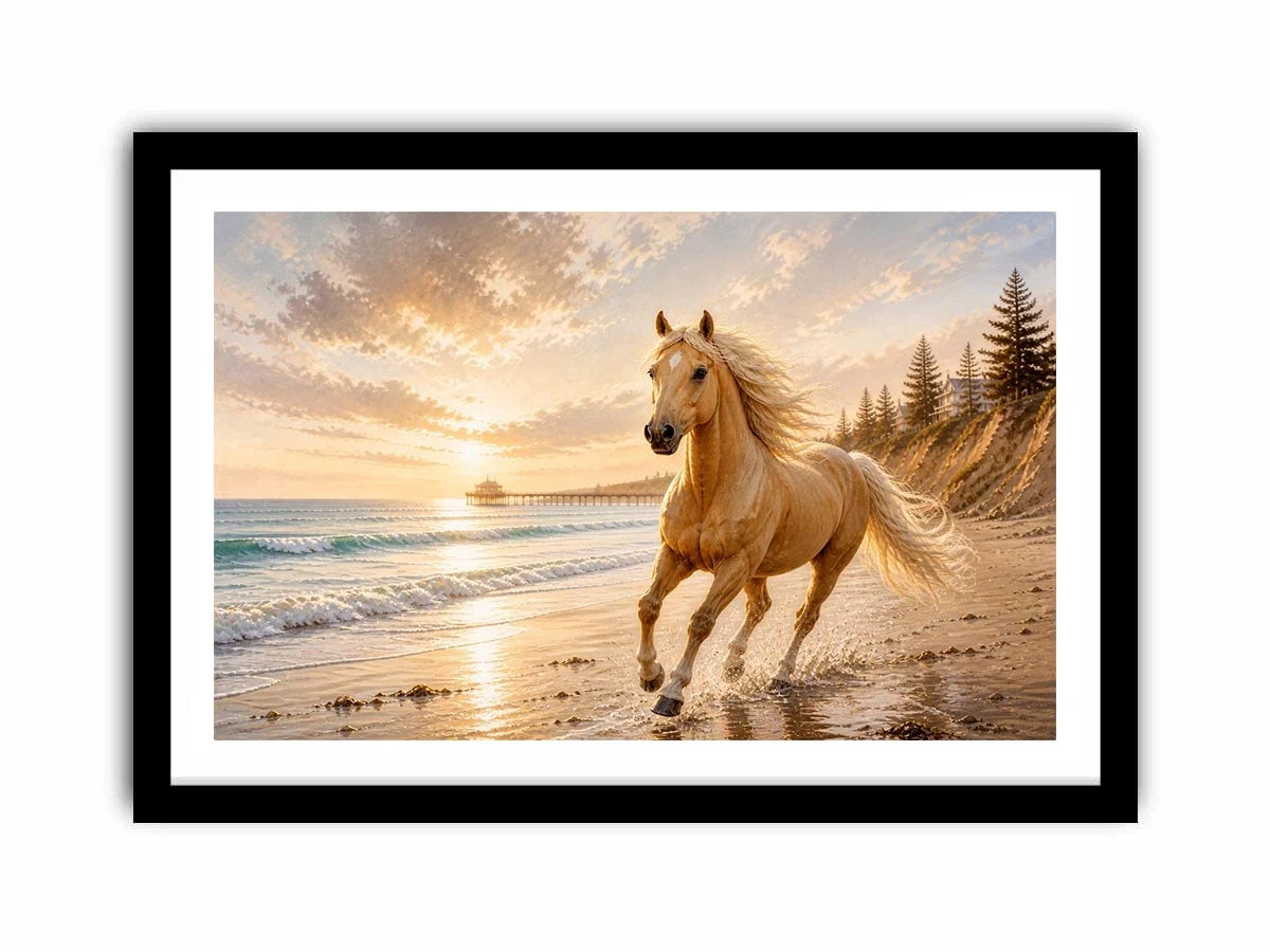 Majestic horse beach wall art featuring a golden horse running beside ocean waves at sunset with warm coastal tones and luxurious textured detail.