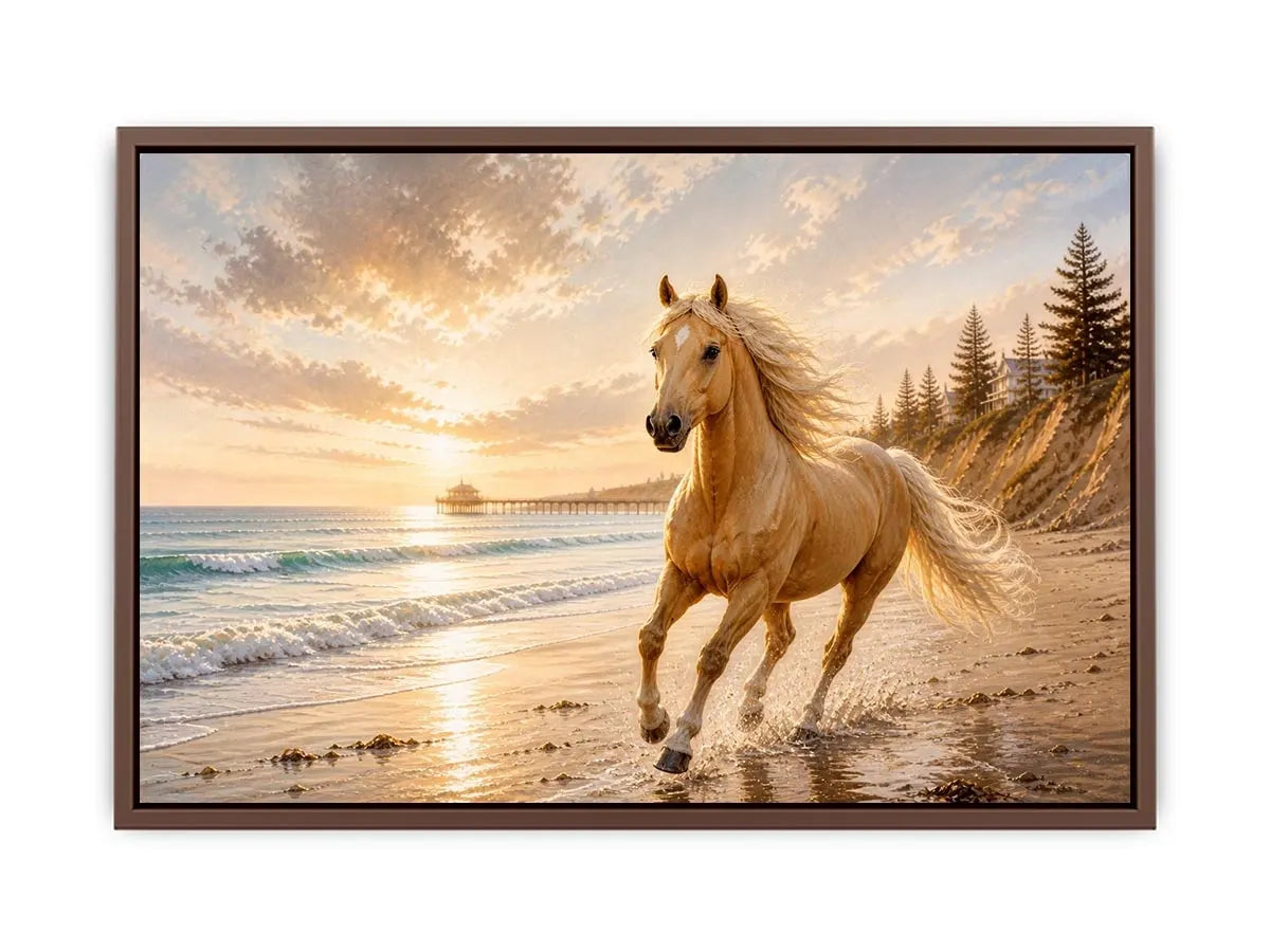 Majestic horse beach wall art featuring a golden horse running beside ocean waves at sunset with warm coastal tones and luxurious textured detail.