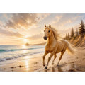Majestic horse beach wall art featuring a golden horse running beside ocean waves at sunset with warm coastal tones and luxurious textured detail.