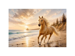 Majestic horse beach wall art featuring a golden horse running beside ocean waves at sunset with warm coastal tones and luxurious textured detail.