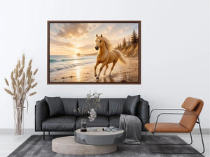 Majestic horse beach wall art featuring a golden horse running beside ocean waves at sunset with warm coastal tones and luxurious textured detail.