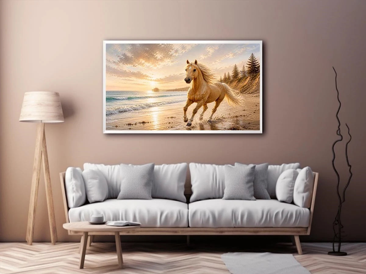 Majestic horse beach wall art featuring a golden horse running beside ocean waves at sunset with warm coastal tones and luxurious textured detail.