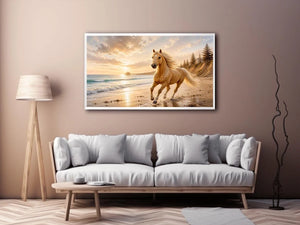 Majestic horse beach wall art featuring a golden horse running beside ocean waves at sunset with warm coastal tones and luxurious textured detail.