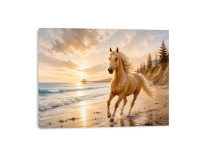 Majestic horse beach wall art featuring a golden horse running beside ocean waves at sunset with warm coastal tones and luxurious textured detail.