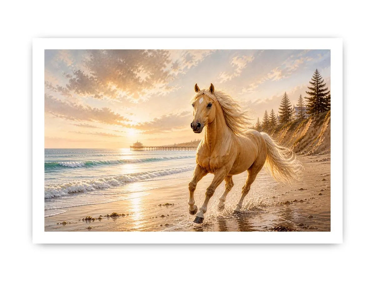 Majestic horse beach wall art featuring a golden horse running beside ocean waves at sunset with warm coastal tones and luxurious textured detail.