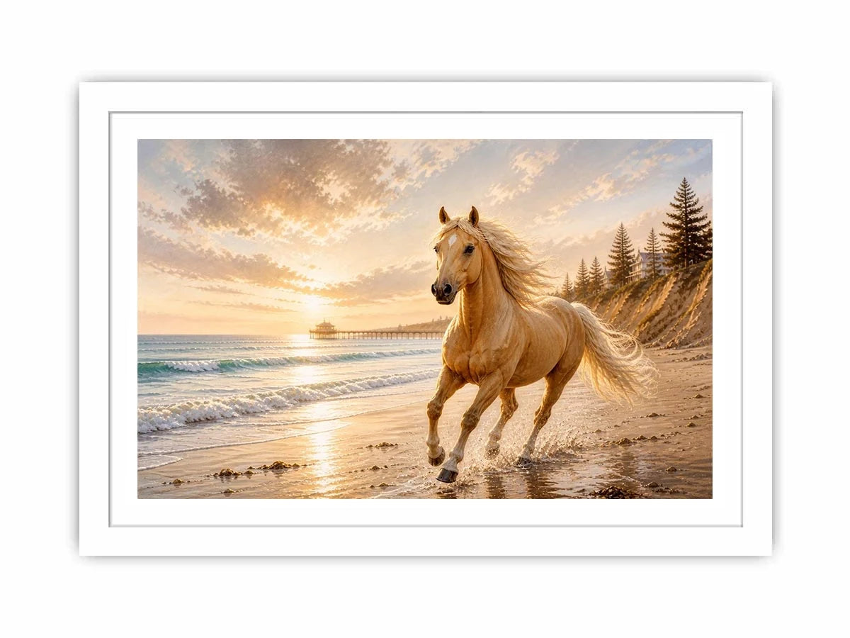 Majestic horse beach wall art featuring a golden horse running beside ocean waves at sunset with warm coastal tones and luxurious textured detail.