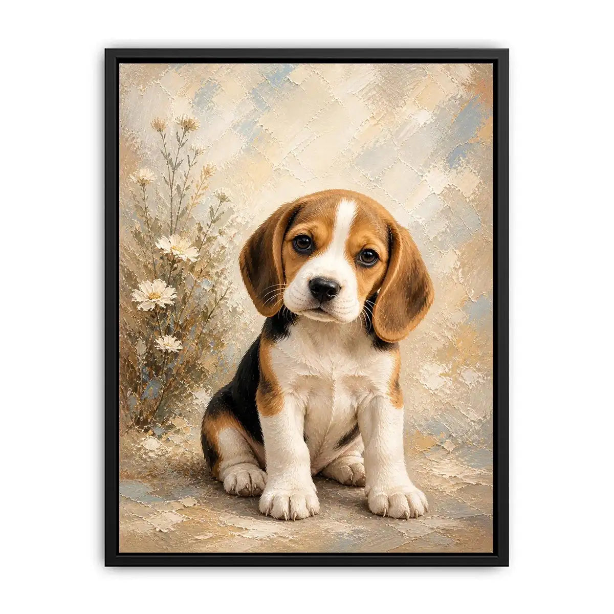 Adorable Beagle puppy wall art featuring soft textured brushstrokes, floral accents, and warm neutral tones in a cozy contemporary style.