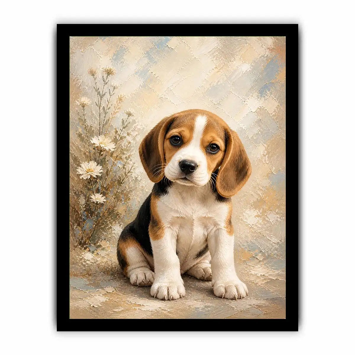Adorable Beagle puppy wall art featuring soft textured brushstrokes, floral accents, and warm neutral tones in a cozy contemporary style.