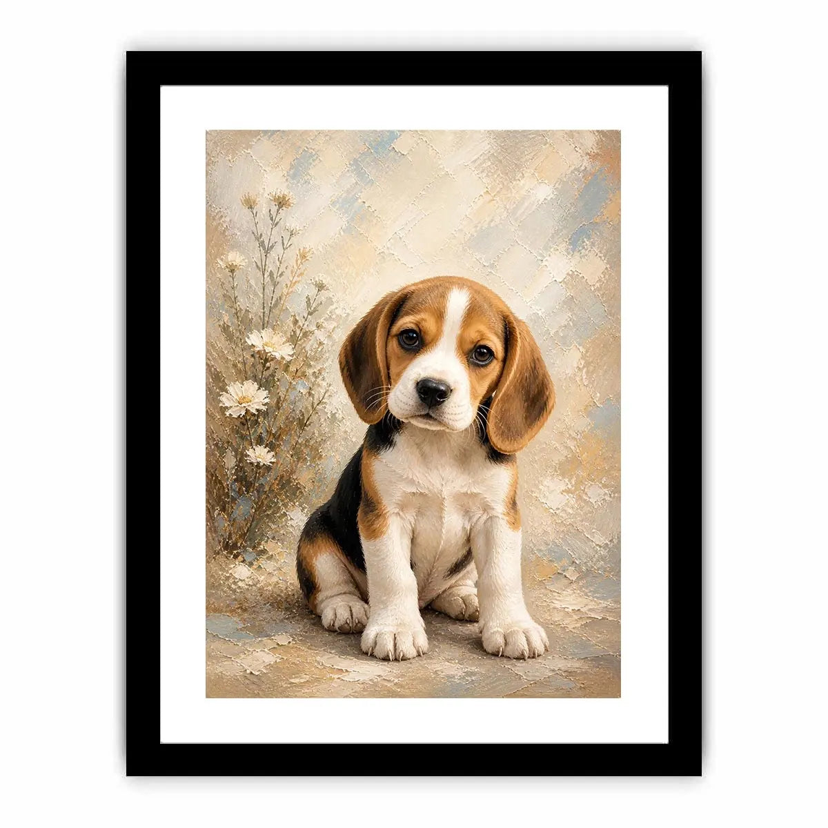 Adorable Beagle puppy wall art featuring soft textured brushstrokes, floral accents, and warm neutral tones in a cozy contemporary style.