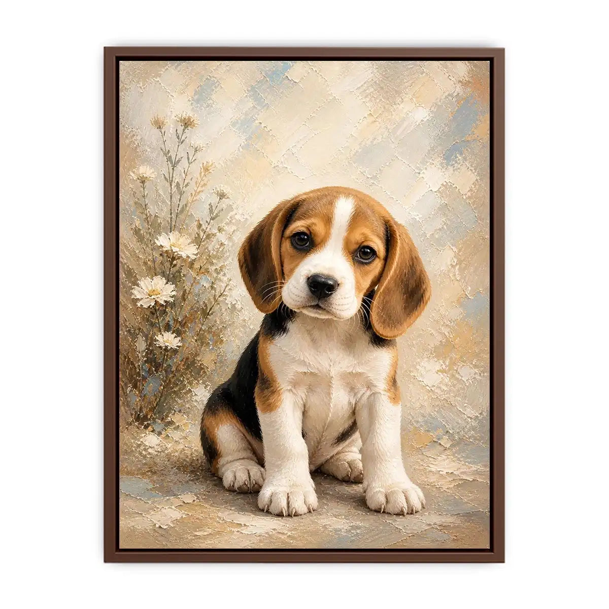 Adorable Beagle puppy wall art featuring soft textured brushstrokes, floral accents, and warm neutral tones in a cozy contemporary style.