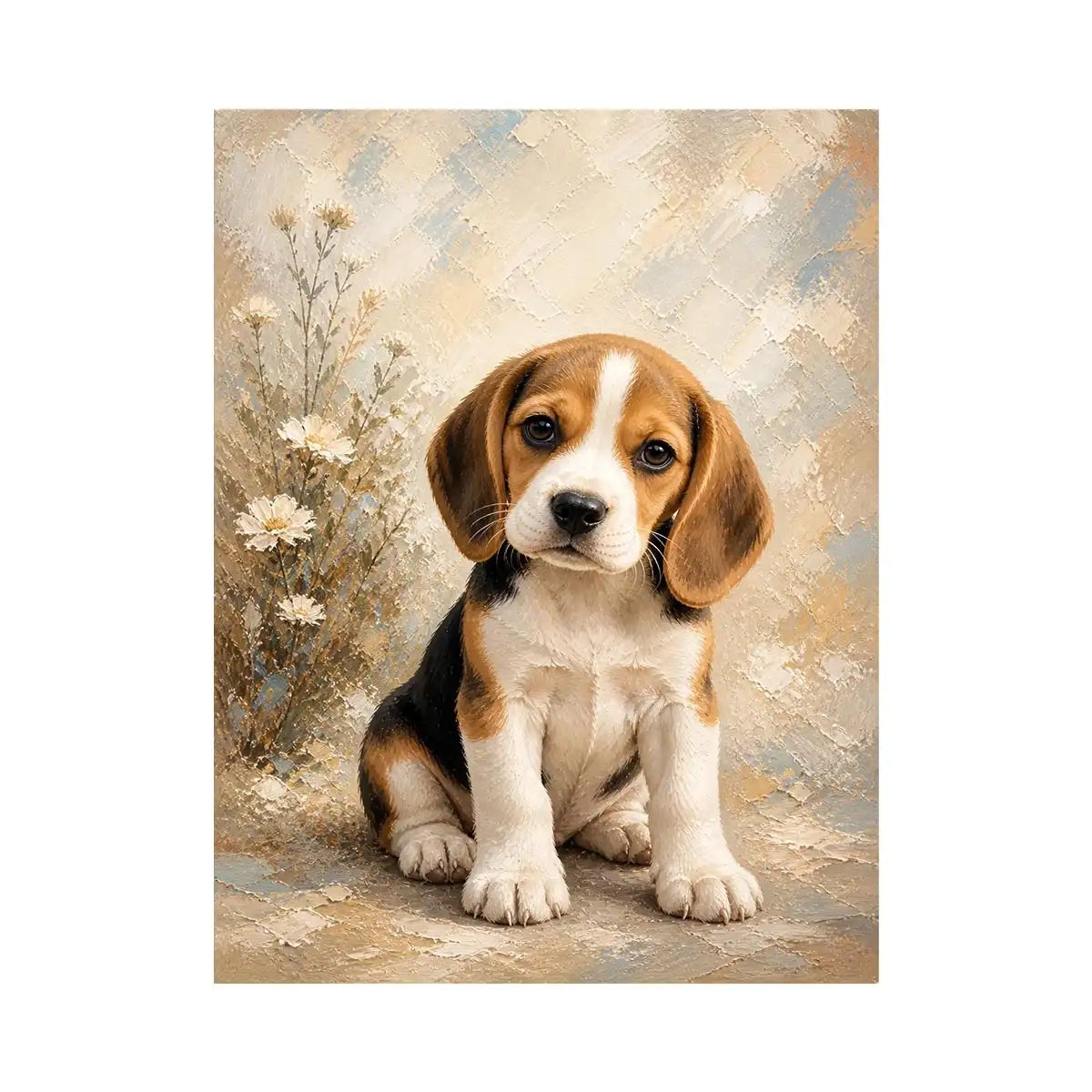 Adorable Beagle puppy wall art featuring soft textured brushstrokes, floral accents, and warm neutral tones in a cozy contemporary style.