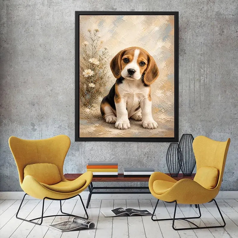 Adorable Beagle puppy wall art featuring soft textured brushstrokes, floral accents, and warm neutral tones in a cozy contemporary style.