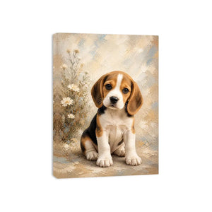 Adorable Beagle puppy wall art featuring soft textured brushstrokes, floral accents, and warm neutral tones in a cozy contemporary style.