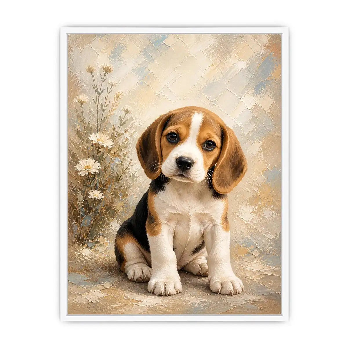 Adorable Beagle puppy wall art featuring soft textured brushstrokes, floral accents, and warm neutral tones in a cozy contemporary style.