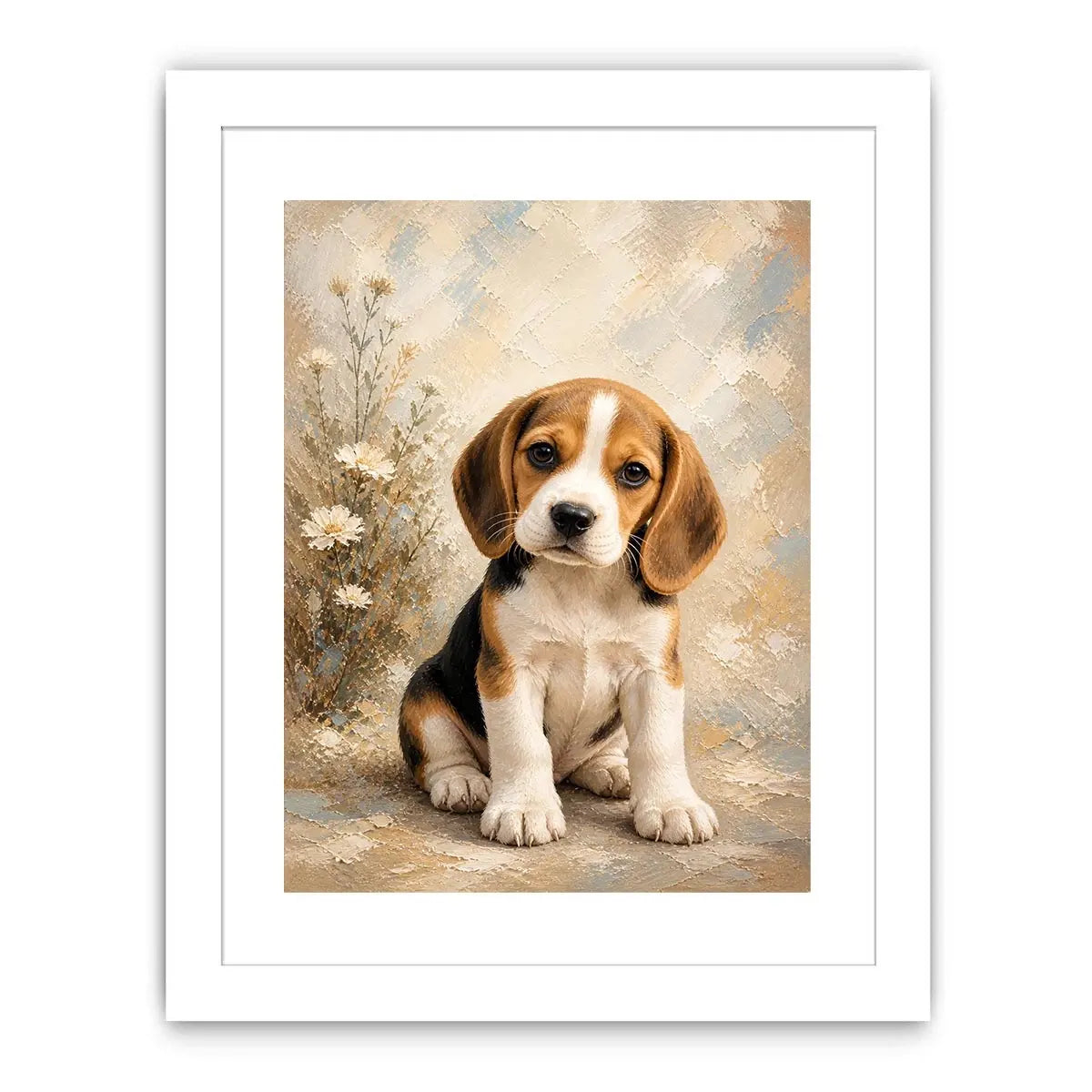 Adorable Beagle puppy wall art featuring soft textured brushstrokes, floral accents, and warm neutral tones in a cozy contemporary style.