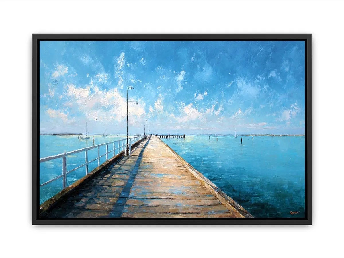Coastal pier wall art featuring a sunlit boardwalk over calm blue ocean waters with textured impressionist brushstrokes and airy seaside tones.