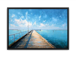 Coastal pier wall art featuring a sunlit boardwalk over calm blue ocean waters with textured impressionist brushstrokes and airy seaside tones.