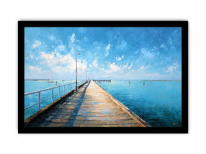 Coastal pier wall art featuring a sunlit boardwalk over calm blue ocean waters with textured impressionist brushstrokes and airy seaside tones.