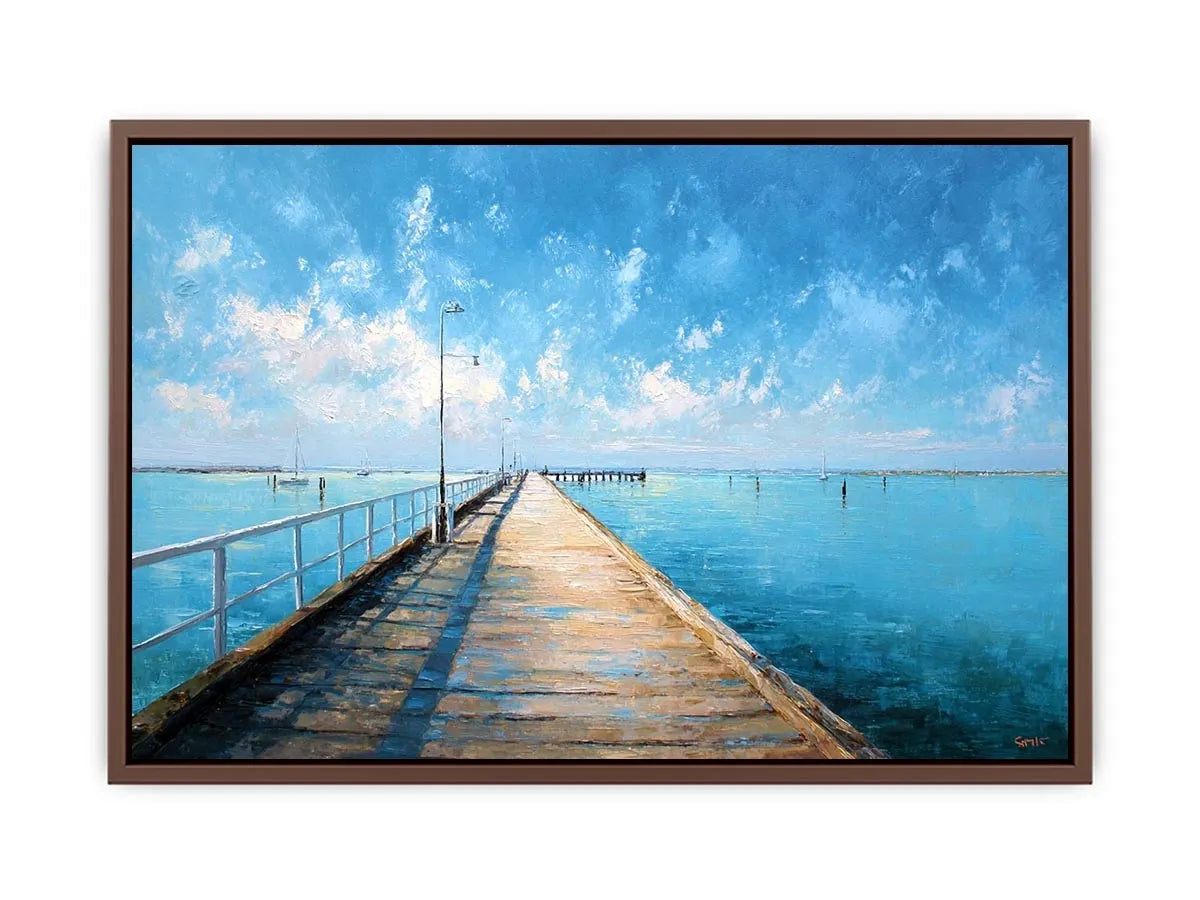 Coastal pier wall art featuring a sunlit boardwalk over calm blue ocean waters with textured impressionist brushstrokes and airy seaside tones.