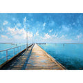 Coastal pier wall art featuring a sunlit boardwalk over calm blue ocean waters with textured impressionist brushstrokes and airy seaside tones.