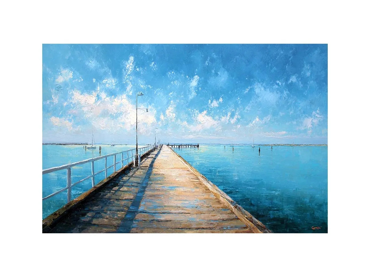 Coastal pier wall art featuring a sunlit boardwalk over calm blue ocean waters with textured impressionist brushstrokes and airy seaside tones.