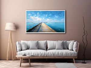 Coastal pier wall art featuring a sunlit boardwalk over calm blue ocean waters with textured impressionist brushstrokes and airy seaside tones.