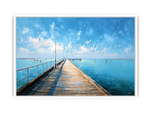 Coastal pier wall art featuring a sunlit boardwalk over calm blue ocean waters with textured impressionist brushstrokes and airy seaside tones.