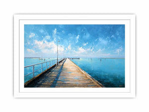 Coastal pier wall art featuring a sunlit boardwalk over calm blue ocean waters with textured impressionist brushstrokes and airy seaside tones.
