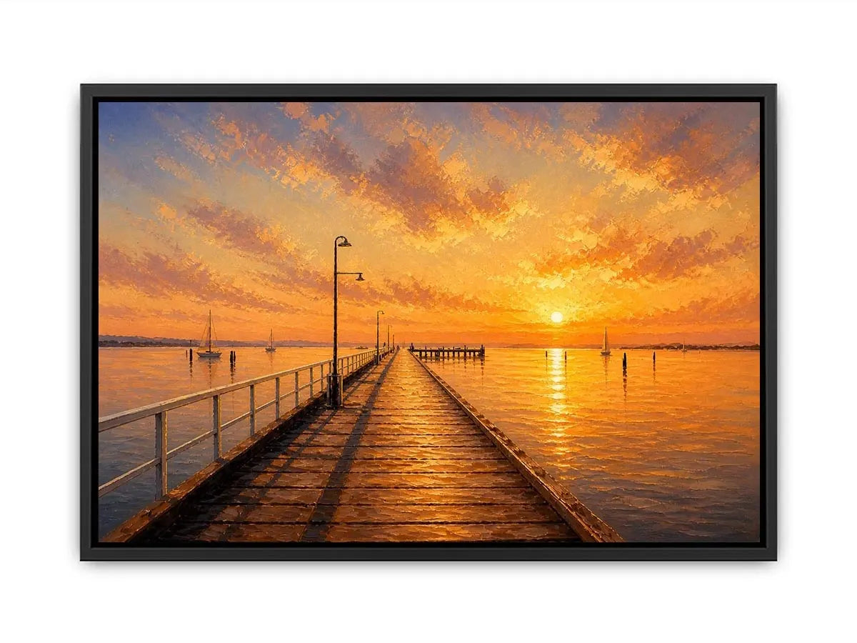 Sunset pier wall art featuring glowing golden skies, reflective ocean waters, and textured impressionist coastal brushwork in warm luxury tones.