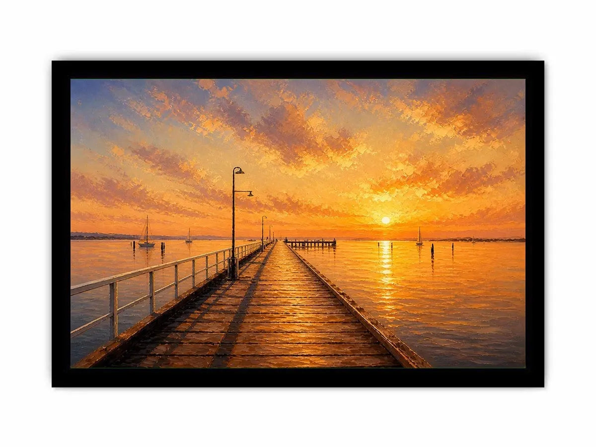 Sunset pier wall art featuring glowing golden skies, reflective ocean waters, and textured impressionist coastal brushwork in warm luxury tones.