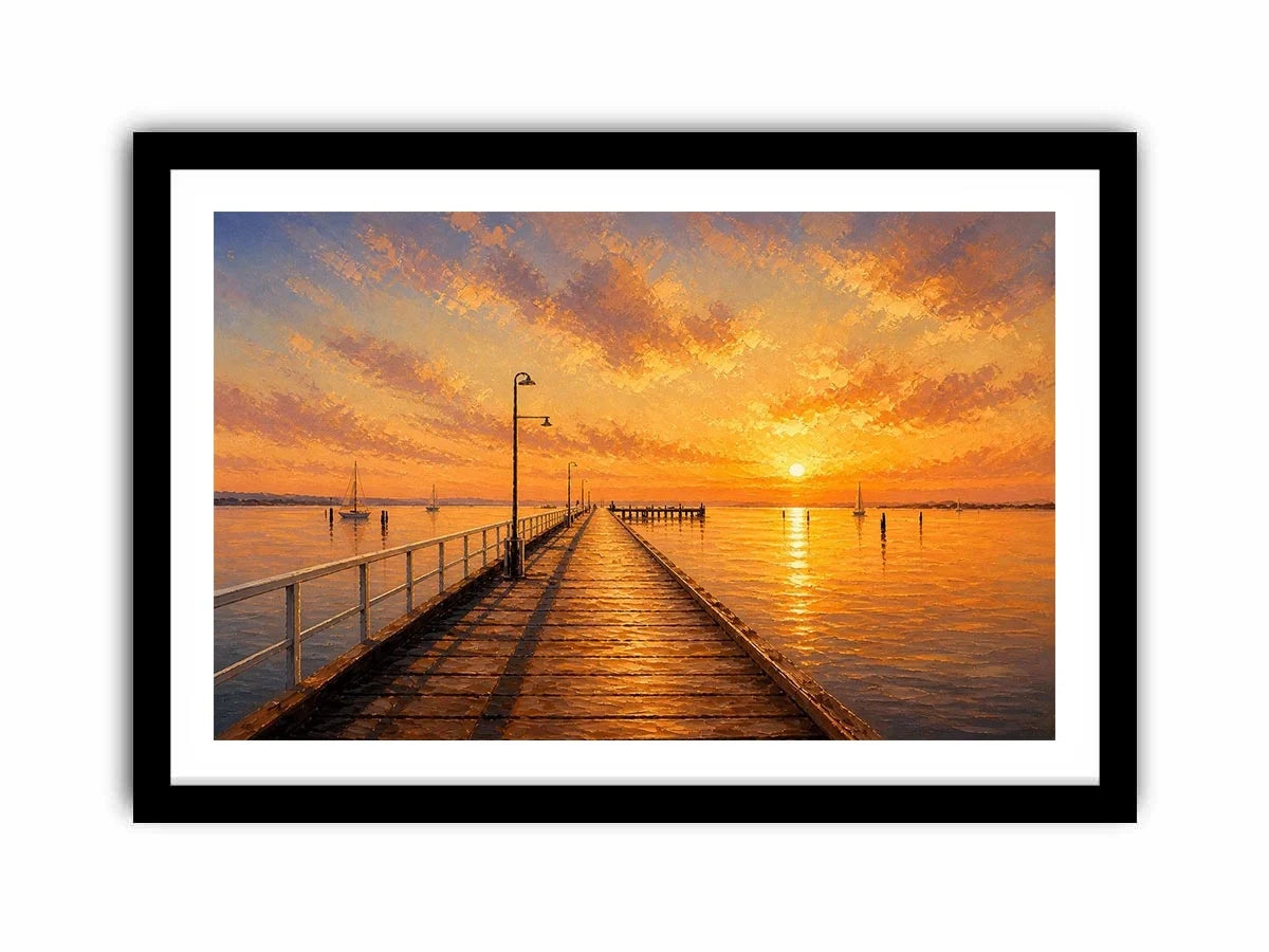 Sunset pier wall art featuring glowing golden skies, reflective ocean waters, and textured impressionist coastal brushwork in warm luxury tones.