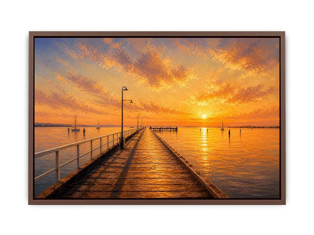 Sunset pier wall art featuring glowing golden skies, reflective ocean waters, and textured impressionist coastal brushwork in warm luxury tones.