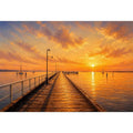 Sunset pier wall art featuring glowing golden skies, reflective ocean waters, and textured impressionist coastal brushwork in warm luxury tones.