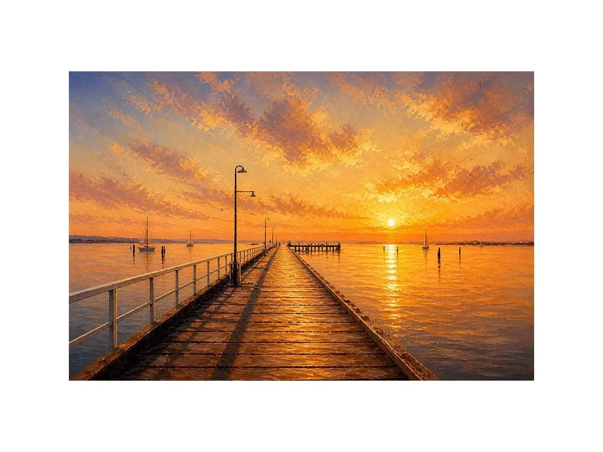 Sunset pier wall art featuring glowing golden skies, reflective ocean waters, and textured impressionist coastal brushwork in warm luxury tones.