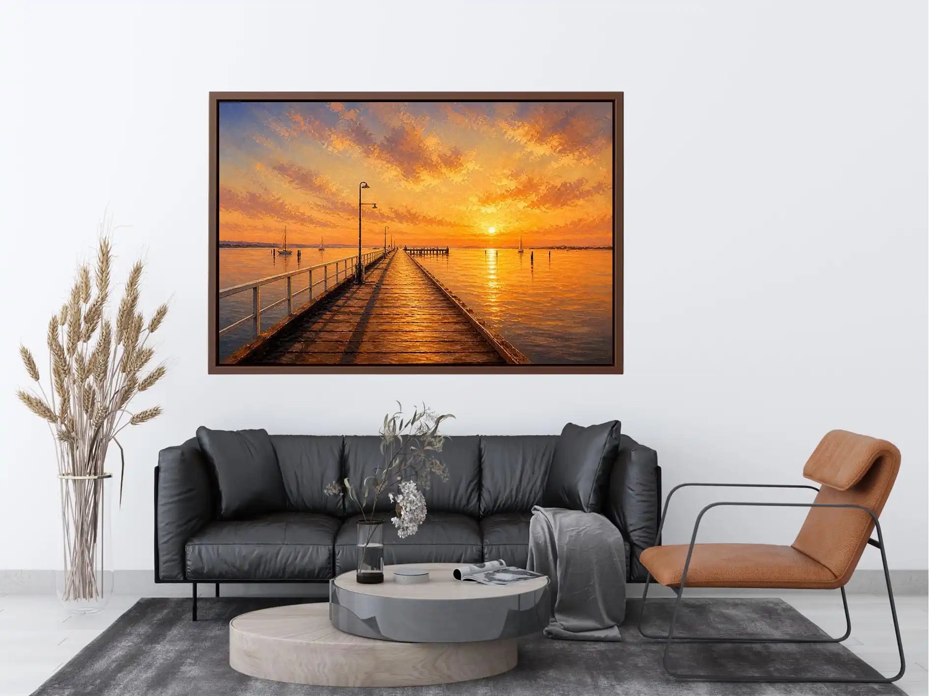 Sunset pier wall art featuring glowing golden skies, reflective ocean waters, and textured impressionist coastal brushwork in warm luxury tones.