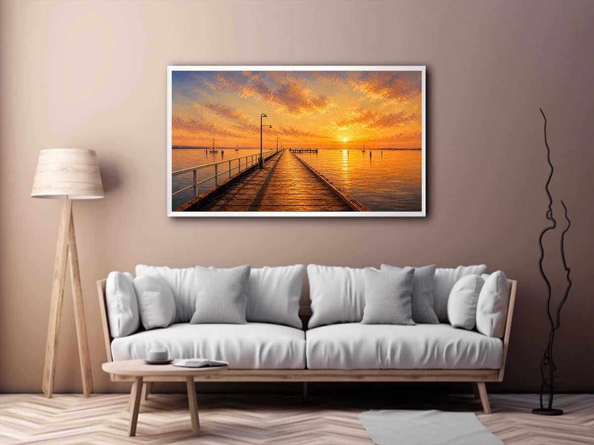 Sunset pier wall art featuring glowing golden skies, reflective ocean waters, and textured impressionist coastal brushwork in warm luxury tones.