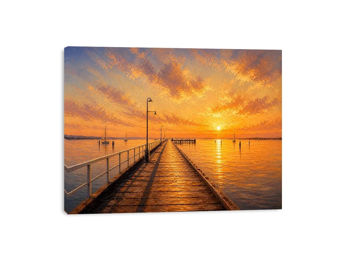 Sunset pier wall art featuring glowing golden skies, reflective ocean waters, and textured impressionist coastal brushwork in warm luxury tones.