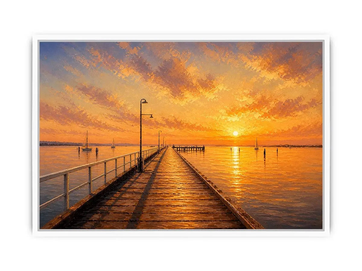 Sunset pier wall art featuring glowing golden skies, reflective ocean waters, and textured impressionist coastal brushwork in warm luxury tones.