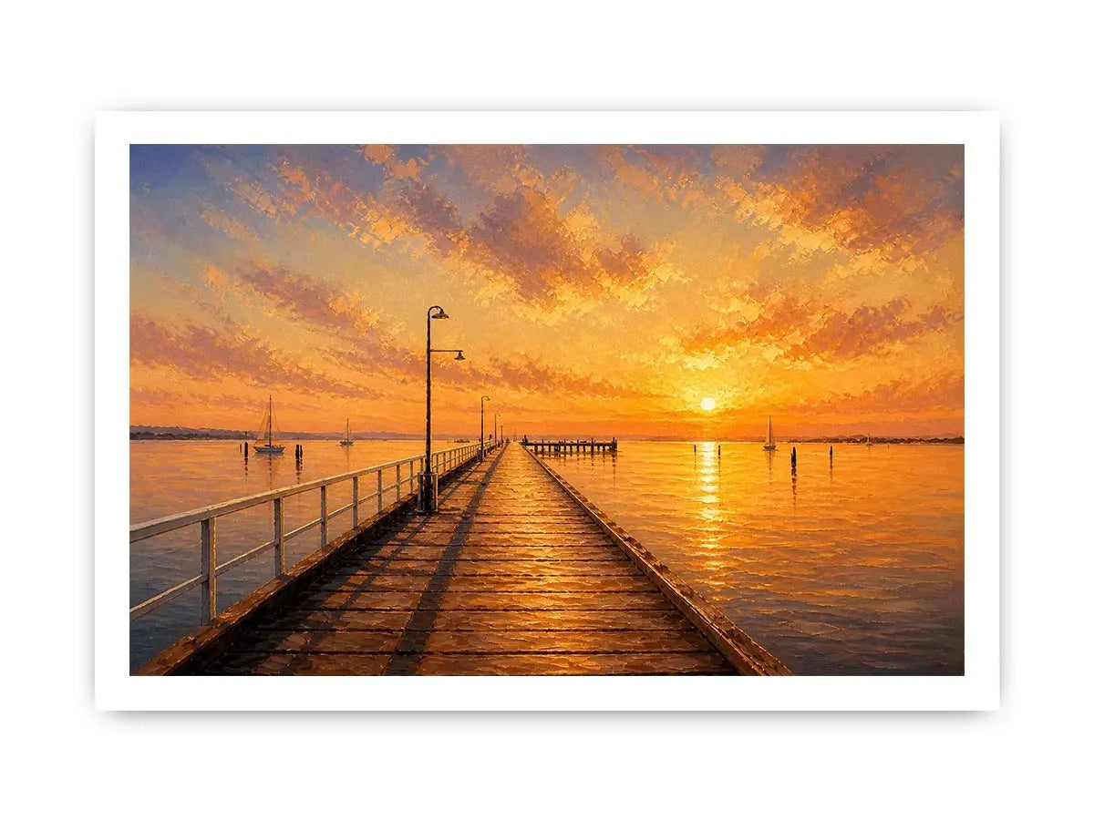 Sunset pier wall art featuring glowing golden skies, reflective ocean waters, and textured impressionist coastal brushwork in warm luxury tones.