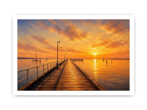 Sunset pier wall art featuring glowing golden skies, reflective ocean waters, and textured impressionist coastal brushwork in warm luxury tones.