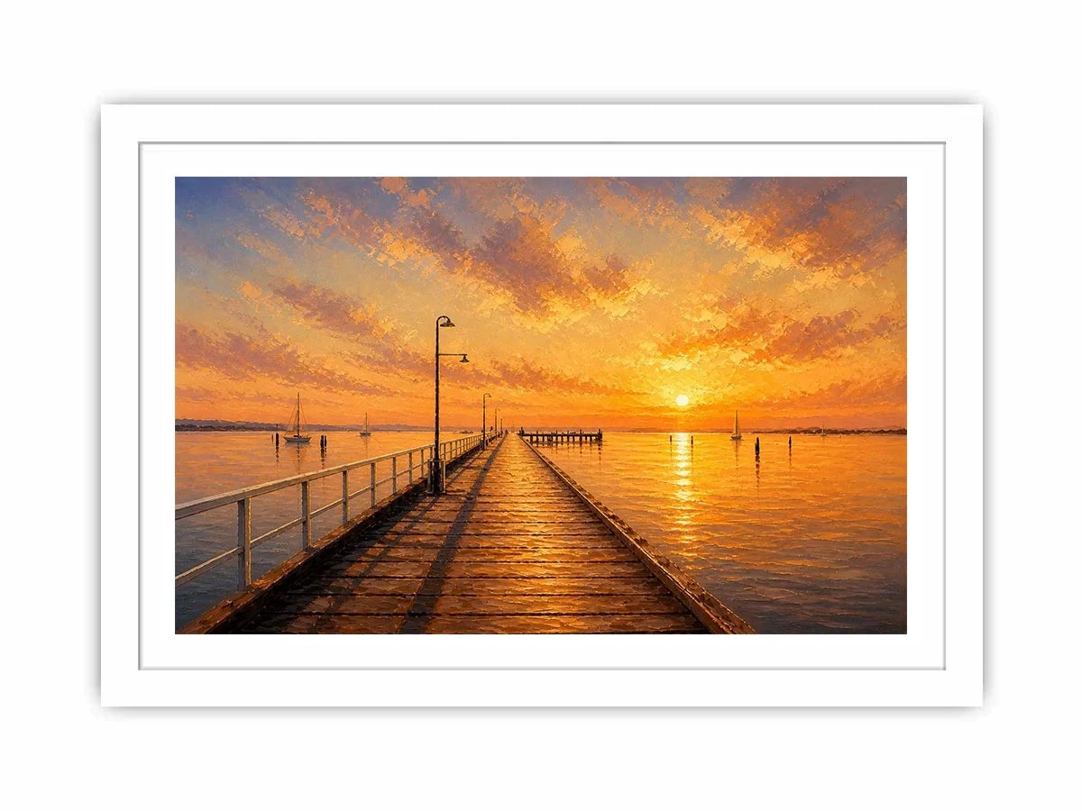 Sunset pier wall art featuring glowing golden skies, reflective ocean waters, and textured impressionist coastal brushwork in warm luxury tones.