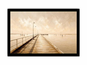 Neutral coastal pier wall art featuring a minimalist boardwalk over calm ivory waters with textured impressionist brushwork in soft beige tones.