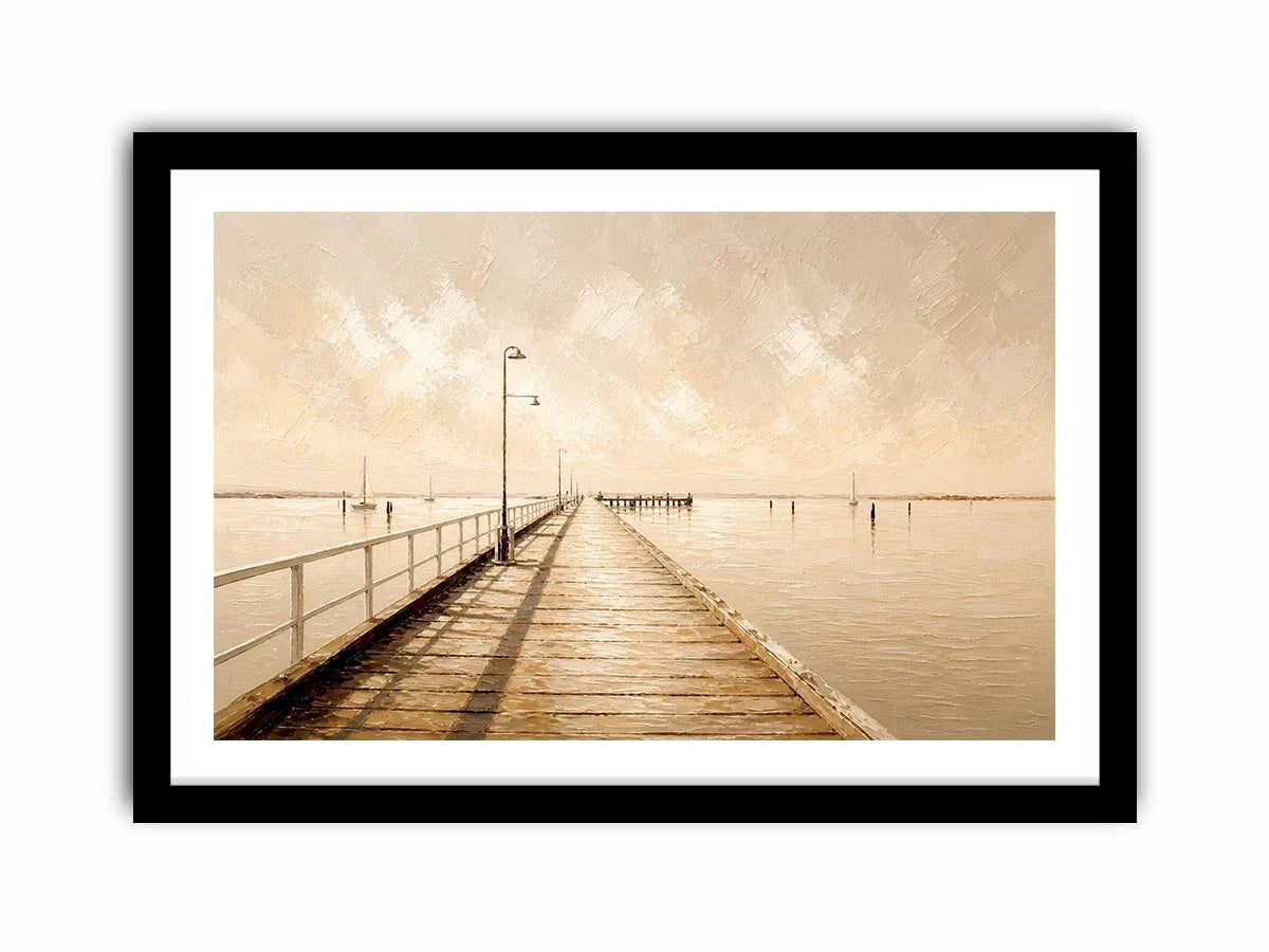 Neutral coastal pier wall art featuring a minimalist boardwalk over calm ivory waters with textured impressionist brushwork in soft beige tones.