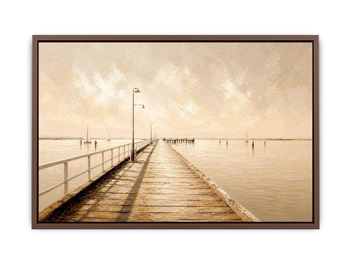 Neutral coastal pier wall art featuring a minimalist boardwalk over calm ivory waters with textured impressionist brushwork in soft beige tones.