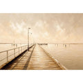 Neutral coastal pier wall art featuring a minimalist boardwalk over calm ivory waters with textured impressionist brushwork in soft beige tones.