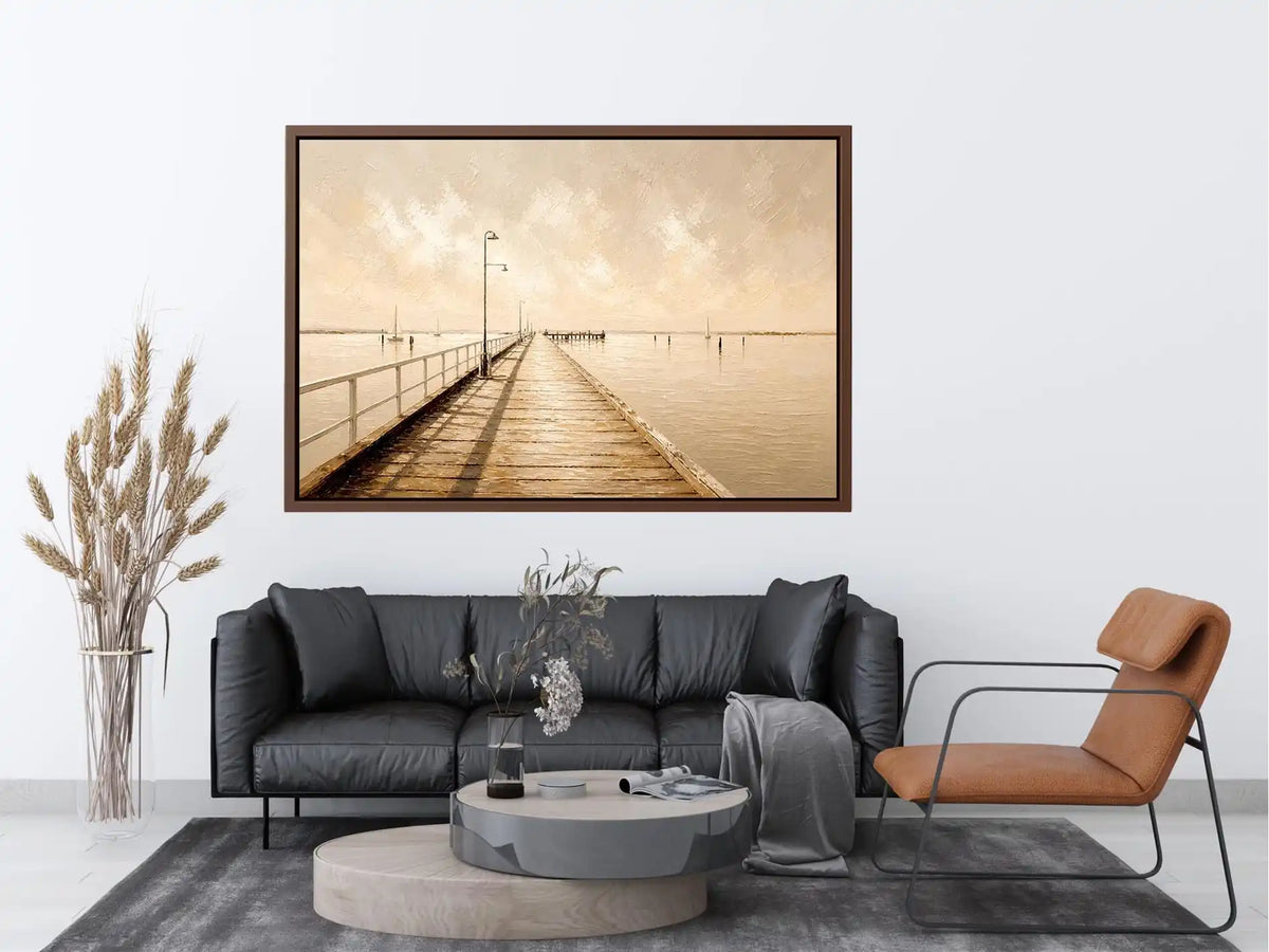 Neutral coastal pier wall art featuring a minimalist boardwalk over calm ivory waters with textured impressionist brushwork in soft beige tones.