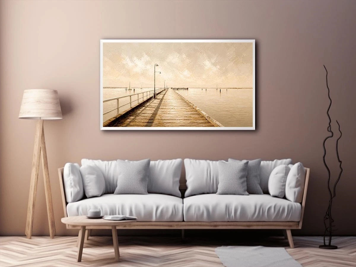 Neutral coastal pier wall art featuring a minimalist boardwalk over calm ivory waters with textured impressionist brushwork in soft beige tones.