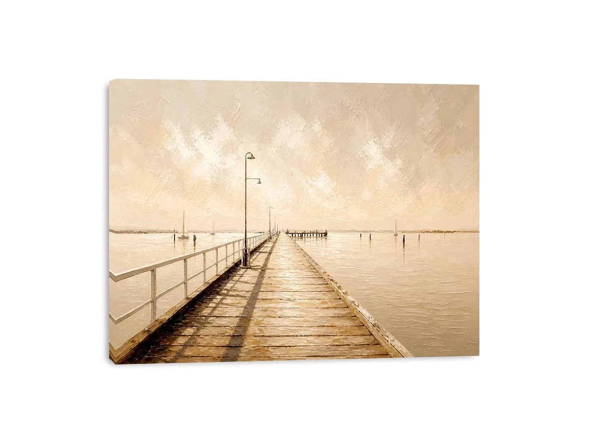 Neutral coastal pier wall art featuring a minimalist boardwalk over calm ivory waters with textured impressionist brushwork in soft beige tones.